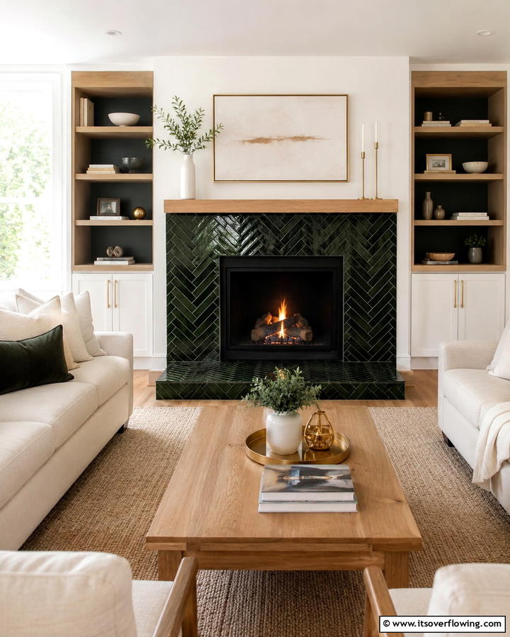 Forest Green Tile Surround - 25 Green Fireplace Ideas for a Cozy and Eco-Friendly Home