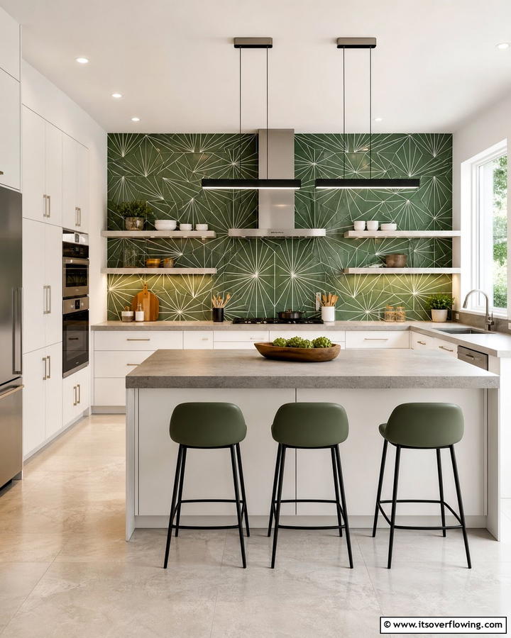 Forest Green Tiles with Geometric Patterns - 20 Forest Green Kitchen Ideas for a Bold and Vibrant Look