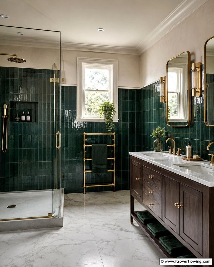 Forest Green Tiles with Gold Accents - 30 Green Tile Bathroom Inspiration Ideas for Bold Spaces