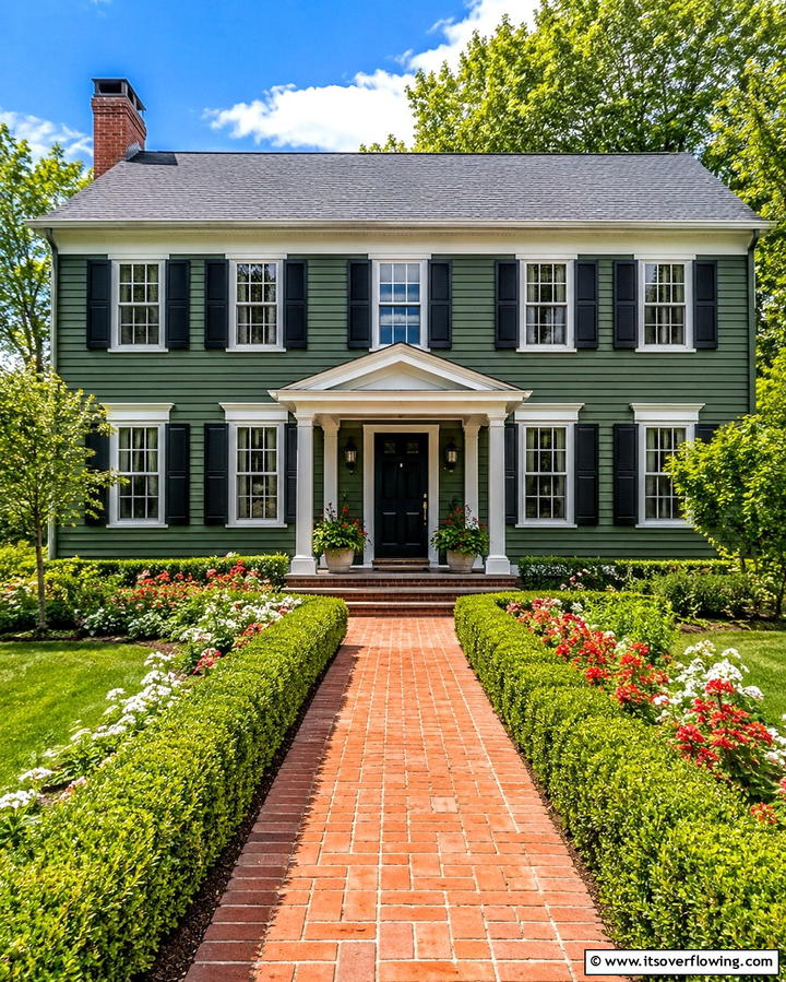 Forest Green Walls with Black Shutters - 25 Forest Green House With Black Trim Ideas- Bold & Modern
