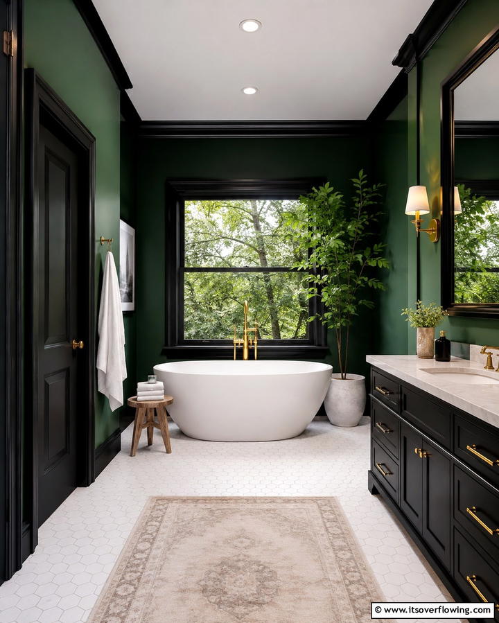 Forest Green Walls with Black Trim - 25 Black and Green Bathroom Ideas for Bold Style