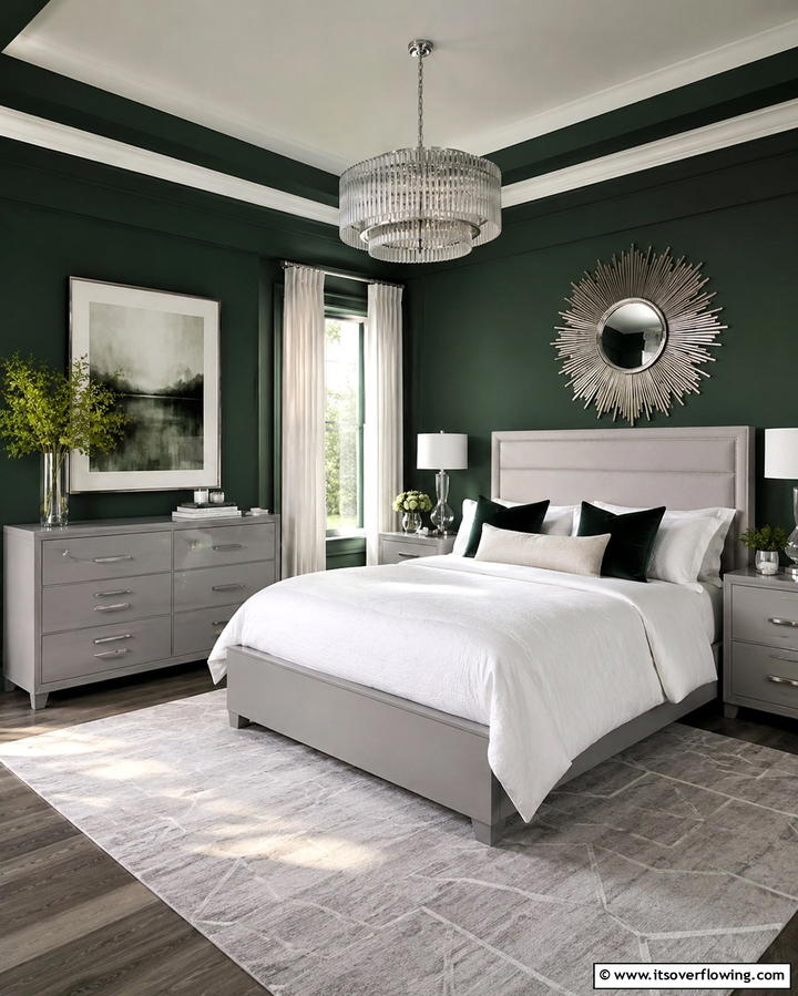 Forest Green Walls with Light Grey Furniture - 25 Modern Green and Grey Bedroom Design Ideas