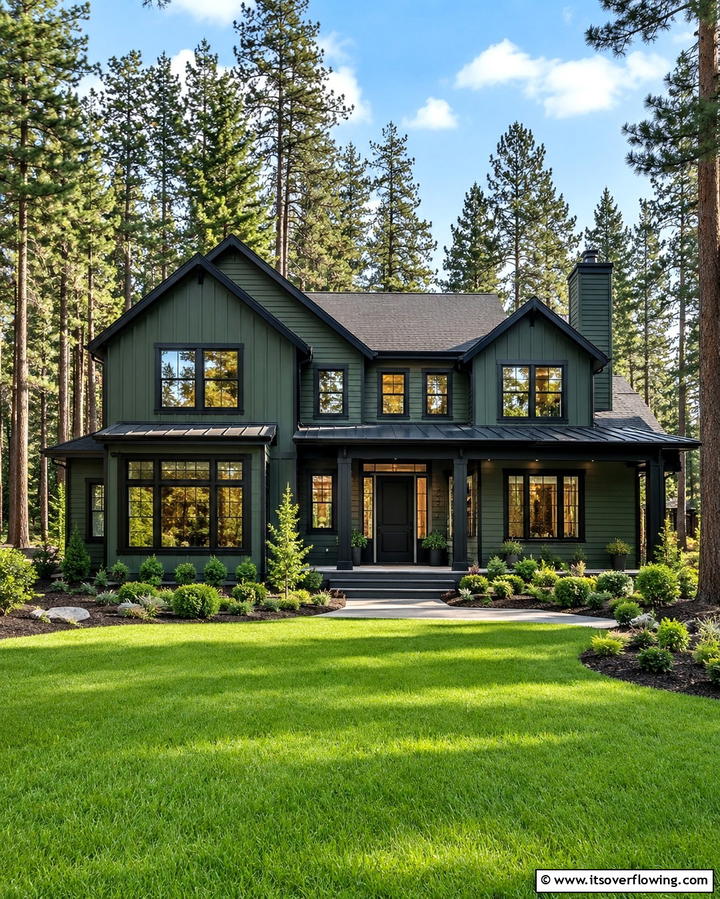 Forest Green with Black Trim for a Bold Exterior - 25 Forest Green House With Black Trim Ideas- Bold & Modern