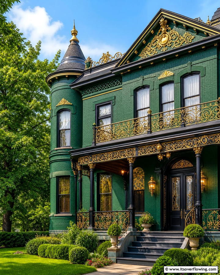 Forest Green with Gold Detailing - 30 Green Brick Exterior Home Design Ideas for Modern Houses