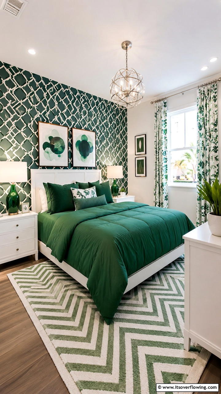 Forest Green with Patterned Accents - 30 Forest Green Bedroom Ideas for Serene Retreats