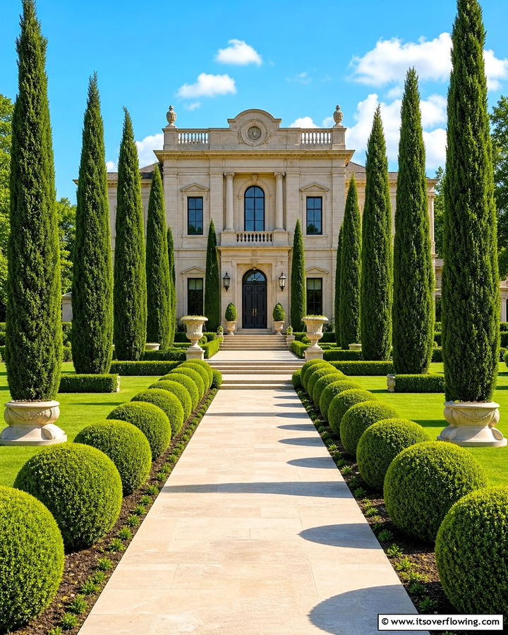 Formal Evergreen Alignment - 30 Front Yard Evergreen Landscaping Ideas for Year-Round Beauty