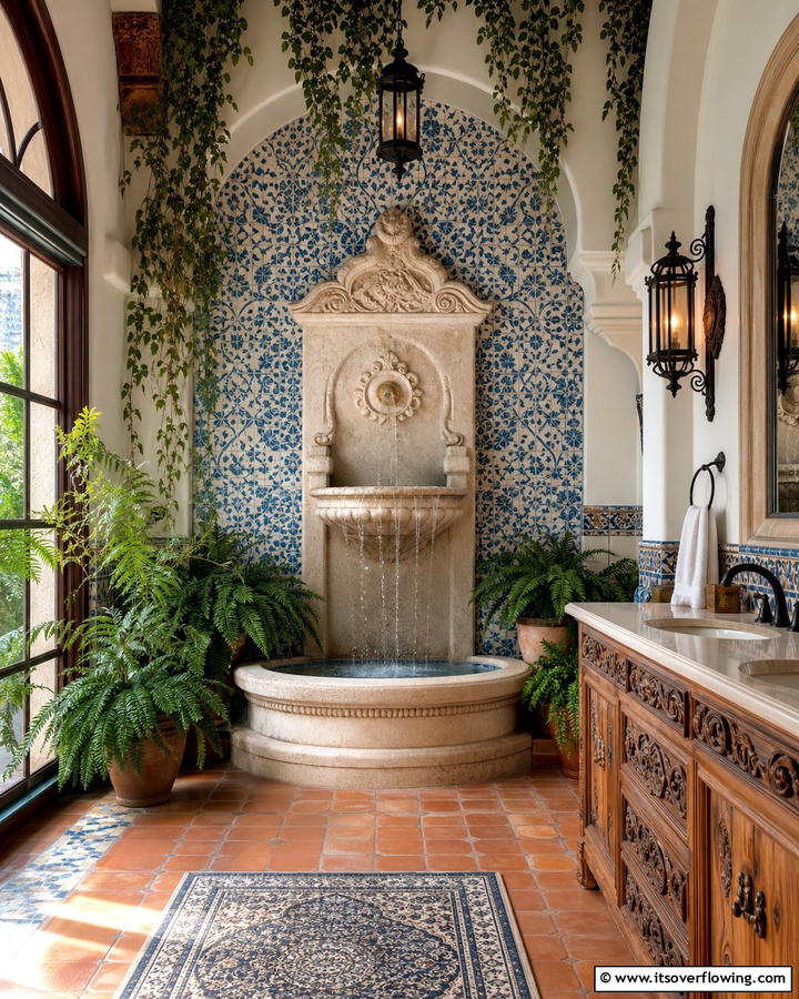Fountain Feature Focal Point - 30 Spanish Style Bathroom Ideas for Mediterranean Flair