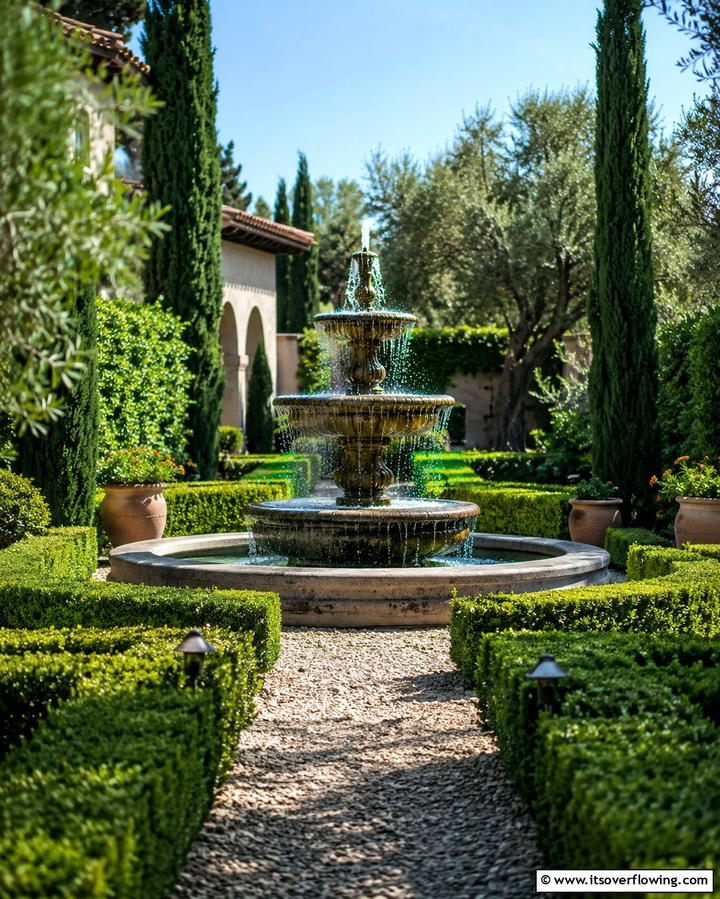 Fountain Focal Point Garden - 30 Mediterranean Garden Ideas to Create a Coastal Oasis