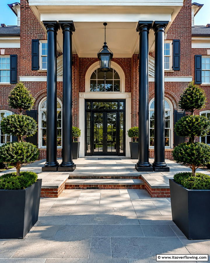 Frame the Entryway with Black Columns - 25 Red Brick House with Black Trim Design Ideas