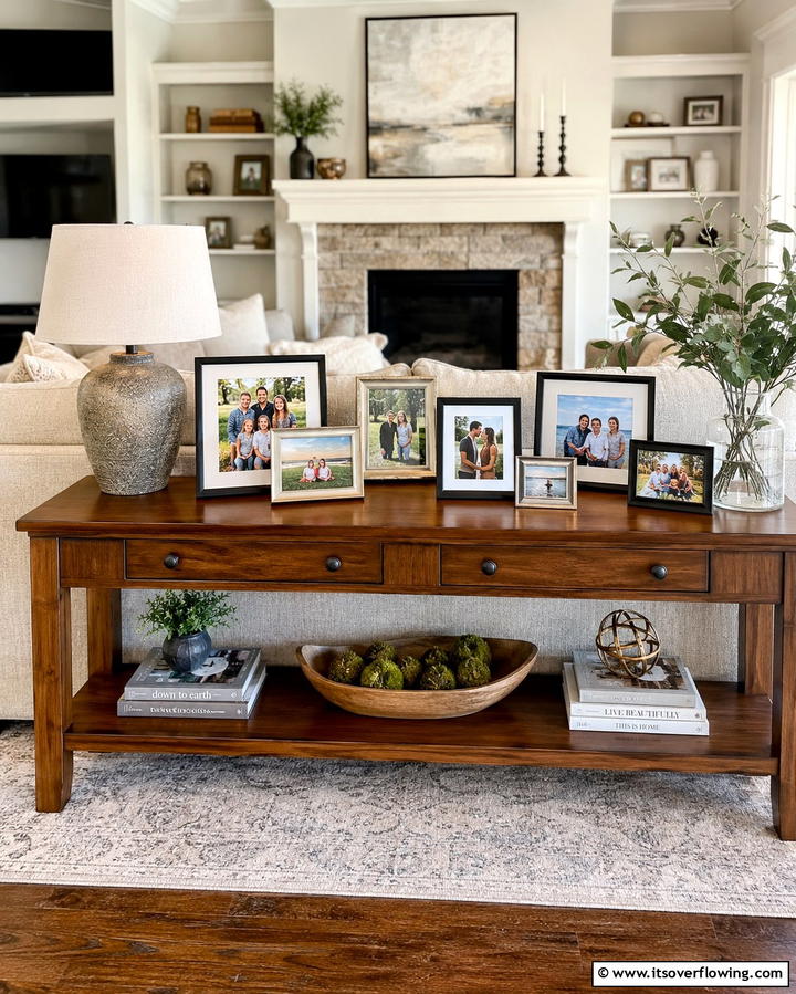 Framed Family Photos - 25 Sofa Table Decor Ideas to Elevate Your Space