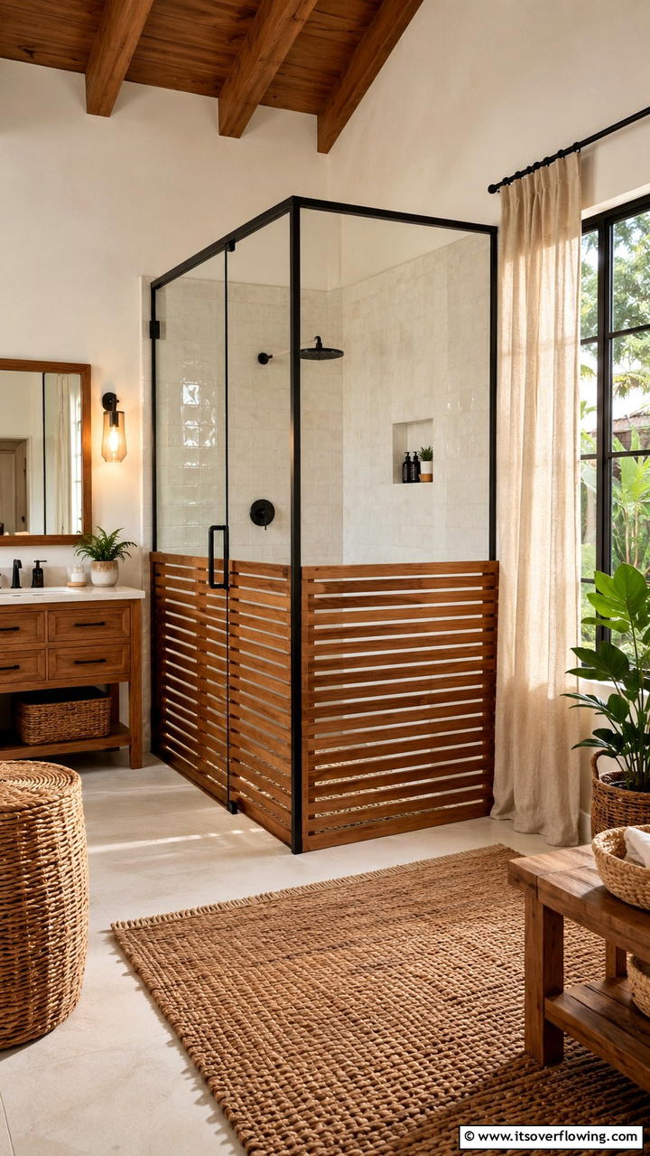Framed Shower with Wooden Slats - 30 Half-Wall Shower Ideas- Sleek Bathroom Design Solutions