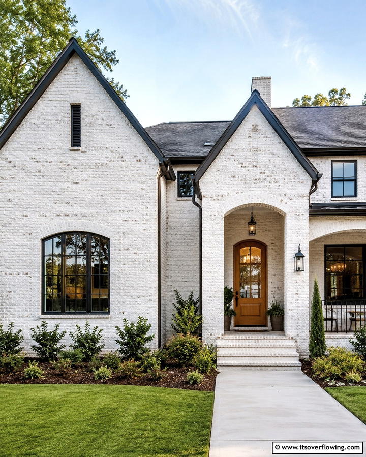 Framed Views Black Trim Around Large White Windows - 30 Single-Story White House Black Trim Exterior Inspirations