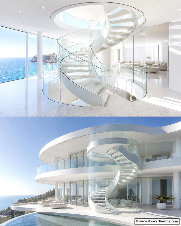 Frameless Glass Balconies on Spiral Staircases - 25 Glass Balcony Design Ideas for Modern Homes