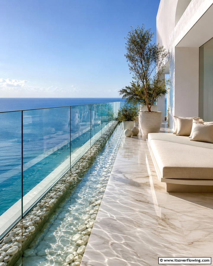 Frameless Glass Balconies with Water Features - 25 Glass Balcony Design Ideas for Modern Homes