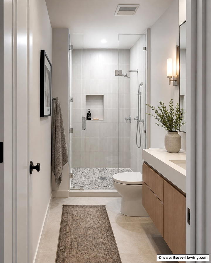 Frameless Glass Shower Enclosure - 25 Hallway Bathroom Ideas to Maximize Small Spaces
