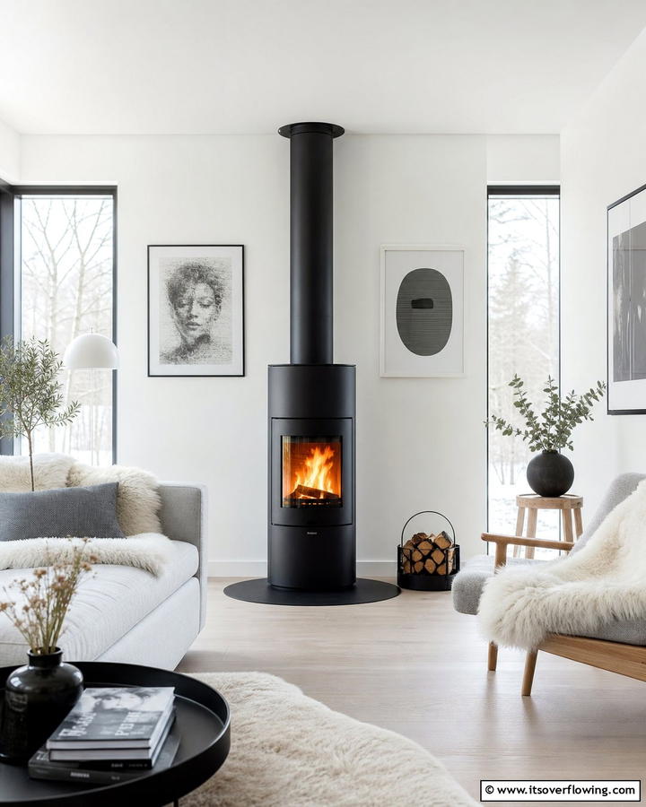 Freestanding Black Fireplace for Bold Contrast - 20 Scandinavian Fireplace Ideas for Cozy Homes