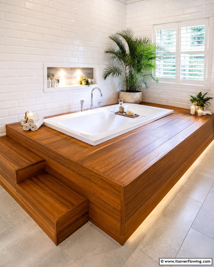 Freestanding Drop In Tub with a Wooden Platform - 25 Elegant Drop-in Tub Ideas for a Spa-Like Bathroom