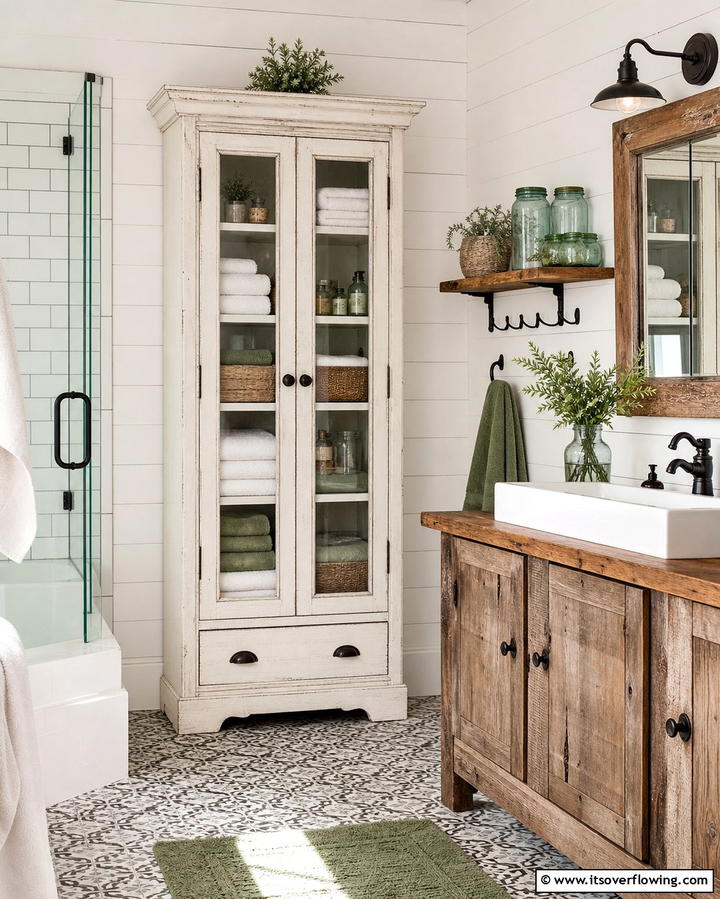 Freestanding Linen Cabinet - 25 Farmhouse Bathroom Ideas for a Rustic and Relaxing Retreat