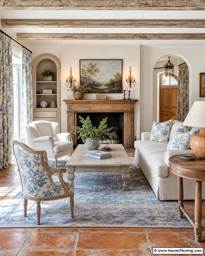French Country Charm with Blue and Beige - 20 Blue and Beige Living Room Ideas- Serene Spaces