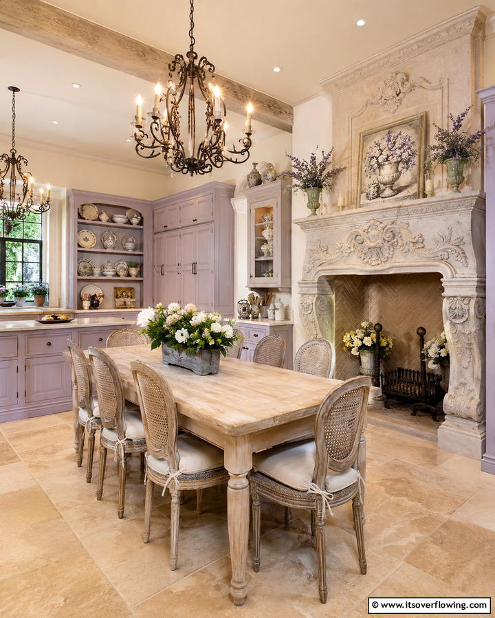 French Country Kitchen with an Ornate Fireplace - 25 Kitchens With Fireplaces for a Unique Cooking Space