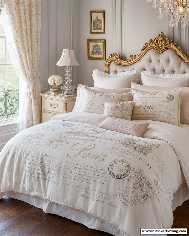 French Script Pillows and Bedding - 20 Parisian Themed Bedroom Ideas for Elegant Living
