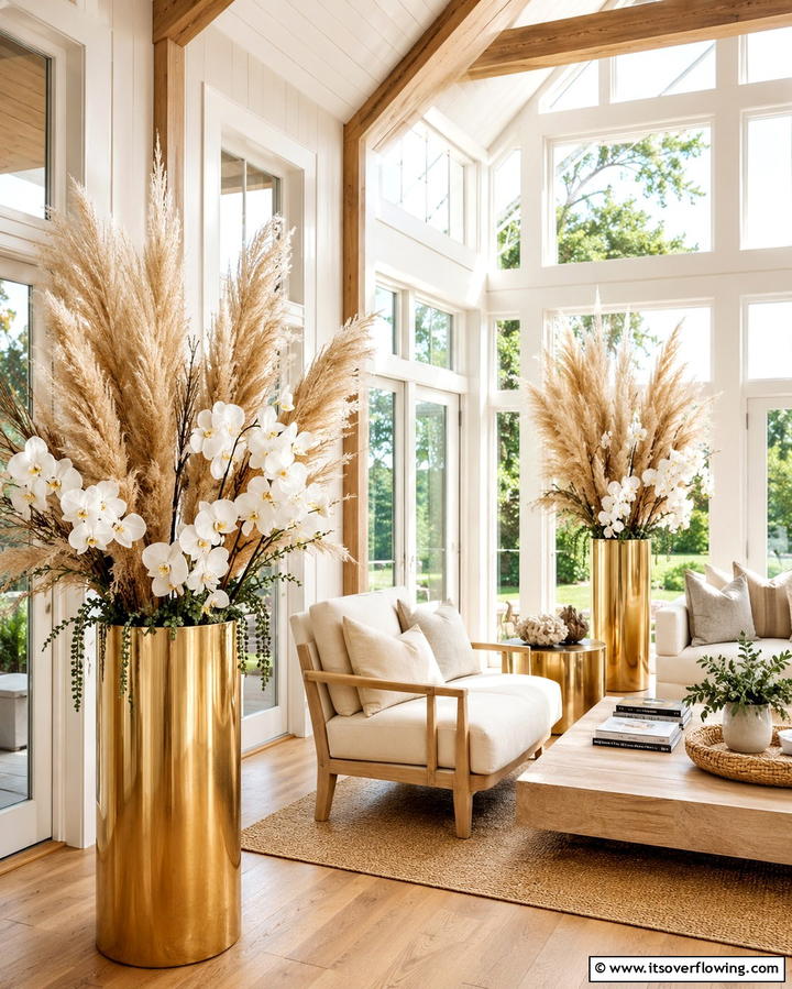 Fresh Cream and Gold Botanical Arrangements - 30 Elegant Cream & Gold Living Room Themes for Luxe Interiors