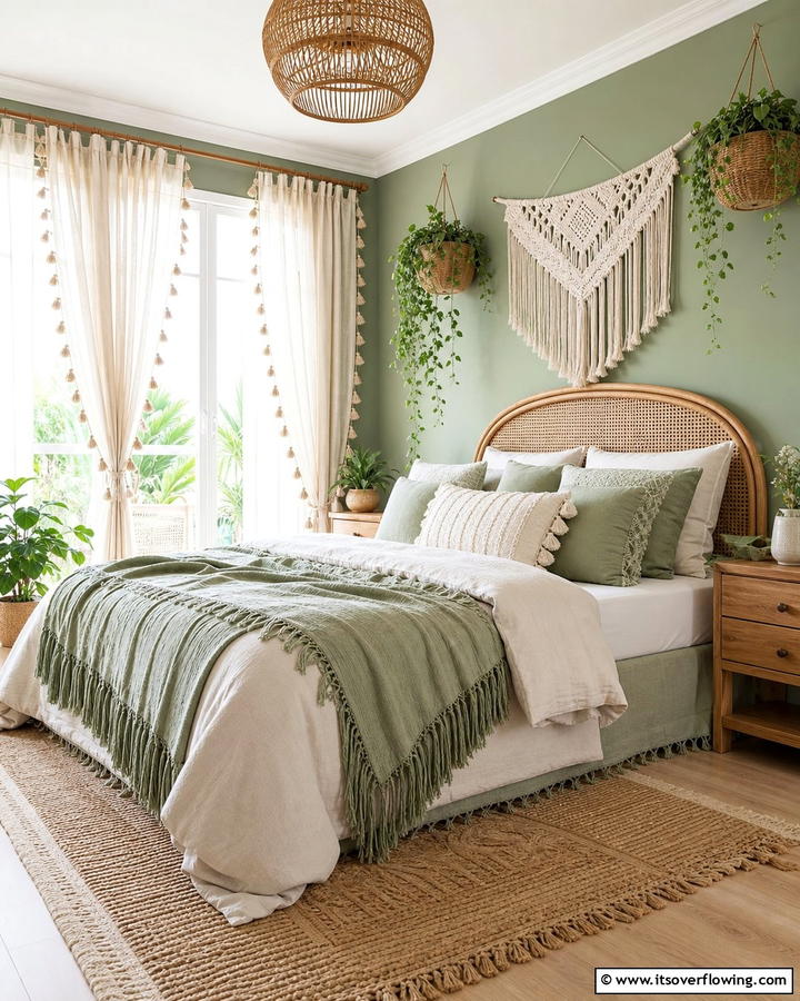 Fringe and Tassel Accents - 25 Boho Sage Green Bedroom Ideas for a Serene Retreat