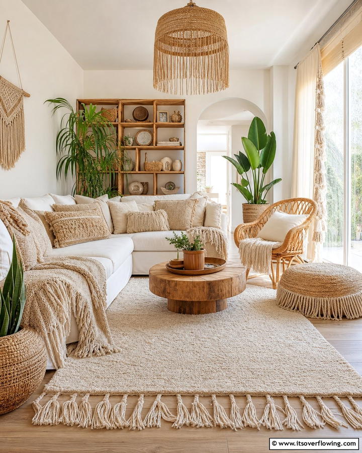 Fringe and Tassel Accents for Boho Charm - 20 Neutral Boho Living Room Ideas for a Relaxing Vibe