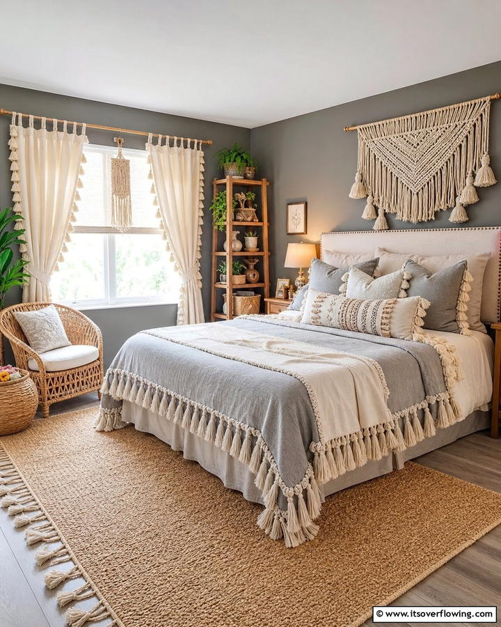 Fringe and Tassel Details - 20 Grey Boho Bedroom Ideas for a Cozy Vibe