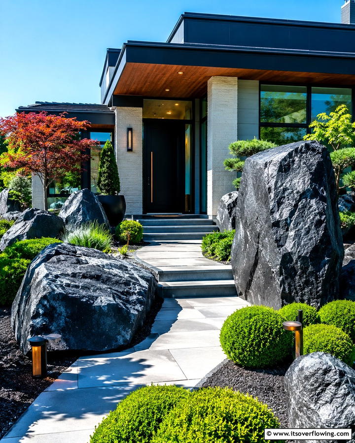Front Yard Rock Statement Design - 30 Natural Black River Rock Landscaping Ideas for Texture
