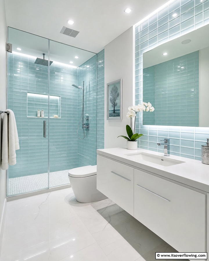 Frosted Blue Glass Tiles - 25 Stunning Blue Tile Bathroom Ideas for a Fresh Look