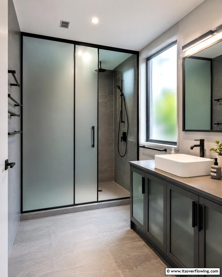 Frosted Glass Panels - 25 Black and Grey Bathroom Ideas for a Sleek Design