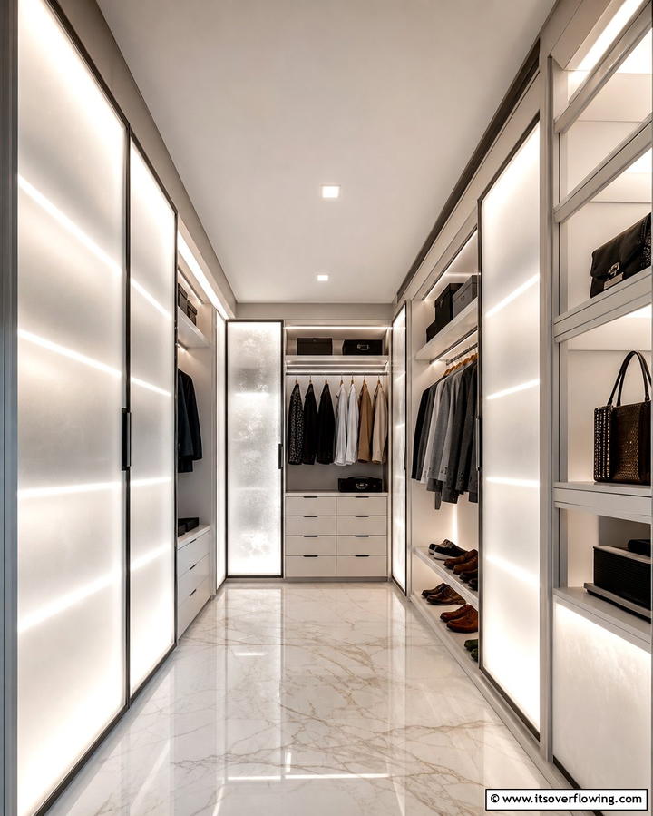 Frosted Glass Panels with LED Backlighting - 25 Bright Closet Lighting Ideas for Organized Spaces