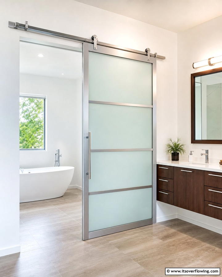 Frosted Glass Panels - 20 Bathroom Barn Door Ideas for Space Saving
