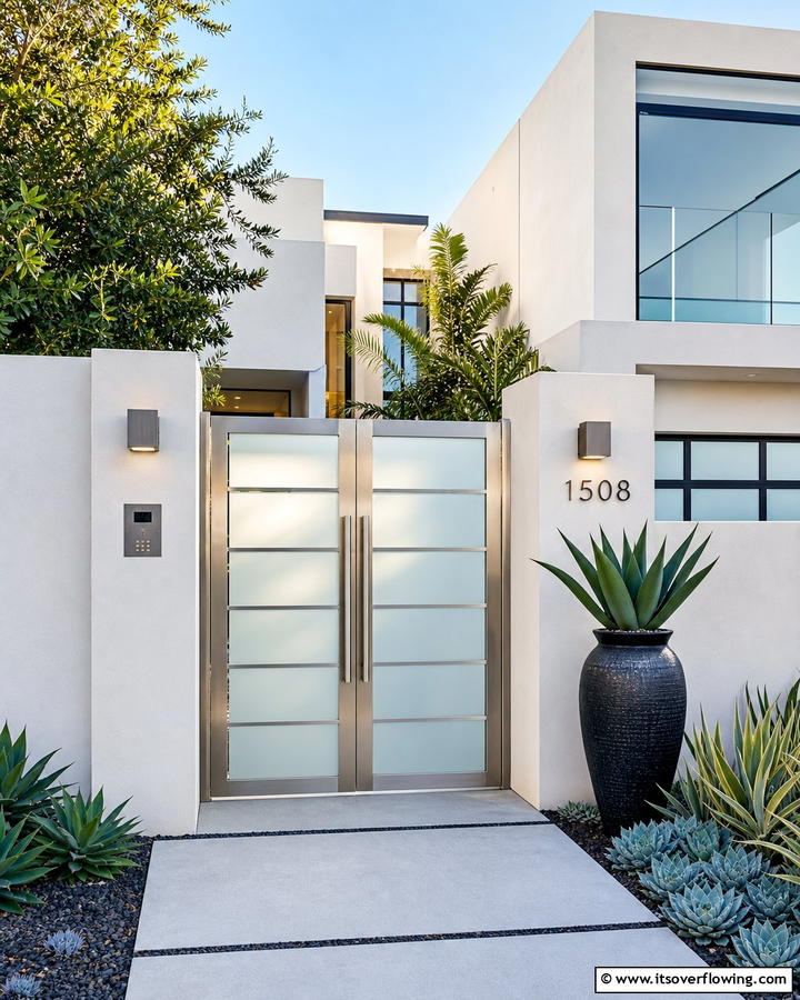 Frosted Glass and Metal Gate - 20 Front Door Gate Ideas to Enhance Your Home’s Curb Appeal