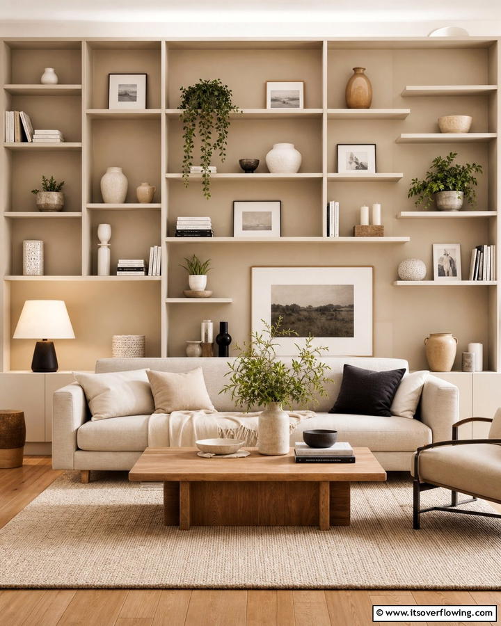 Functional Beige Open Shelving - 21 Elegant Beige Living Room Ideas for Timeless Comfort