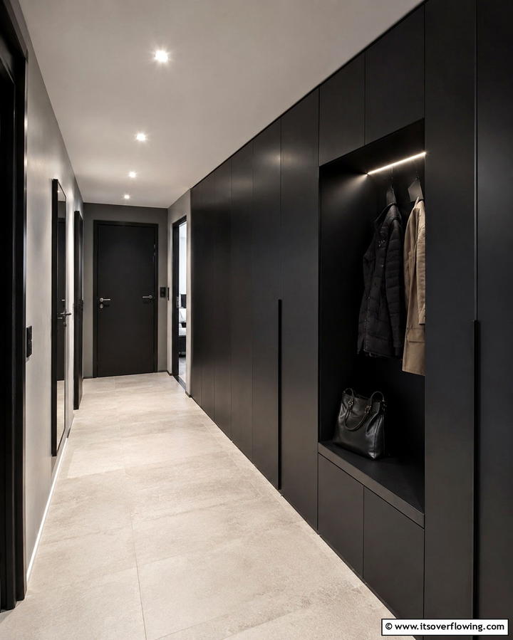 Functional Minimalism - 30 Black Hallway Ideas for Dramatic and Sophisticated Spaces