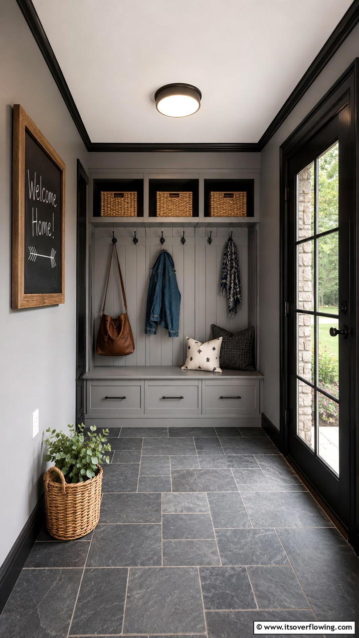 Functional Mudroom Concept - 30 Grey House With Black Trim Ideas- Bold Exterior Designs