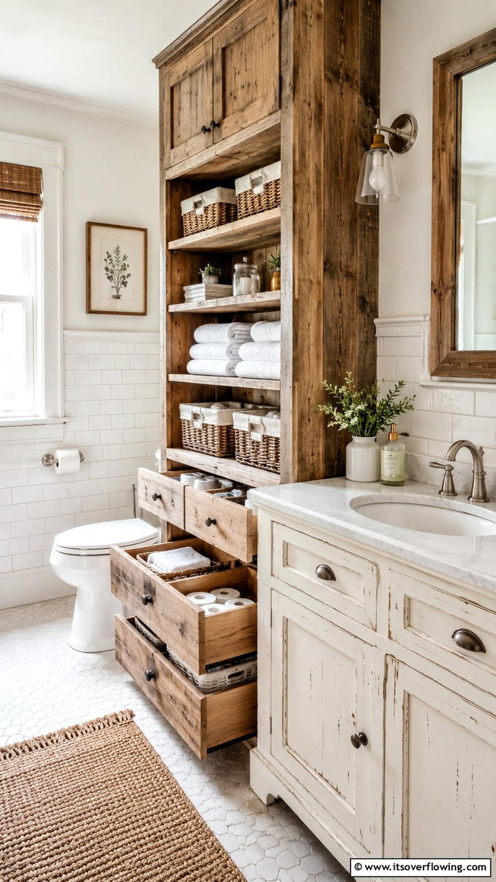 Functional Rustic Storage - 30 Cottage Bathroom Ideas for a Charming Relaxing Retreat