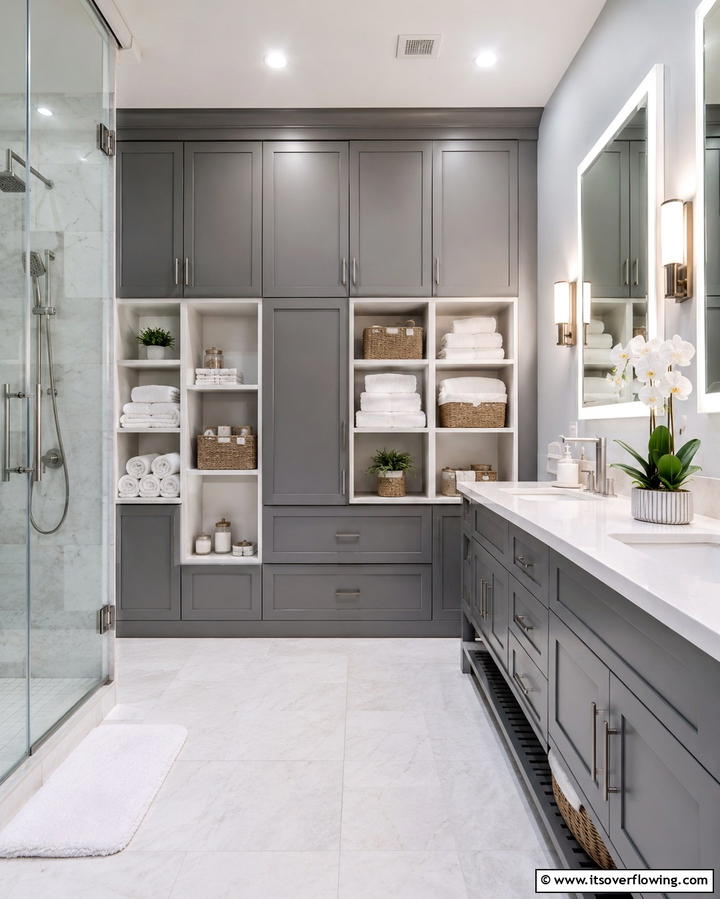 Functional Storage Solutions - 30 Grey and White Bathroom Ideas for Modern Serenity