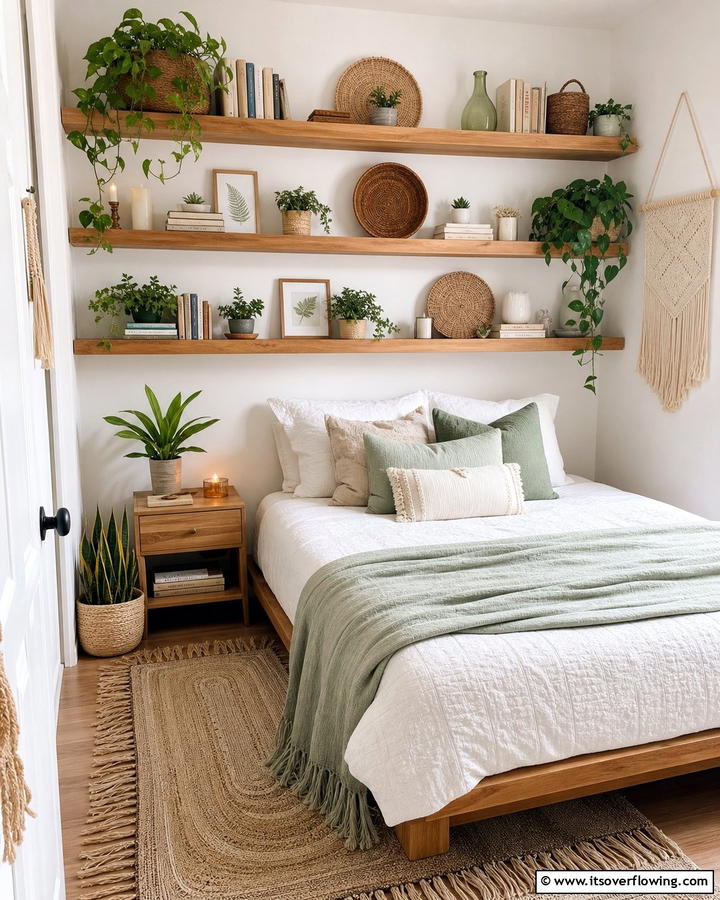 Functional Wall Shelves for Storage - 20 Cozy Small Boho Bedroom Design Ideas