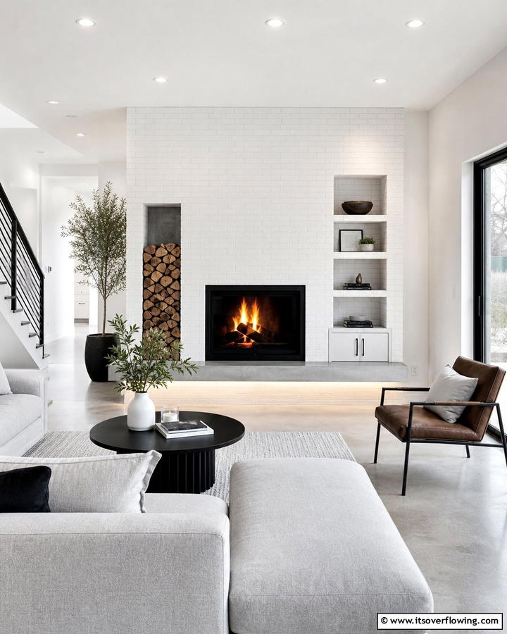 Functional White Brick Modernity - 30 White Brick Fireplace Ideas for Timeless Living Rooms