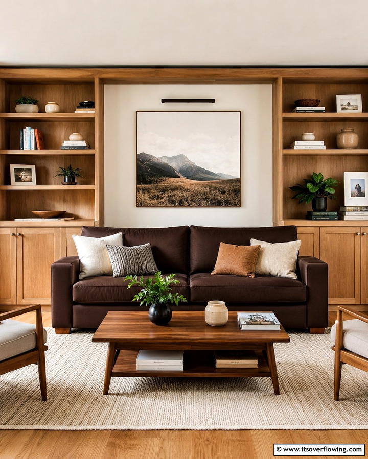 Functional and Stylish Storage Solutions - 30 Warm Dark Brown Couch Styling Ideas for Cozy Living Rooms