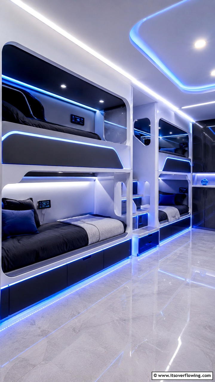 Futuristic Bunk Room with LED Lighting - 30 Bunk Room Ideas for Fun and Functional Kids’ Spaces