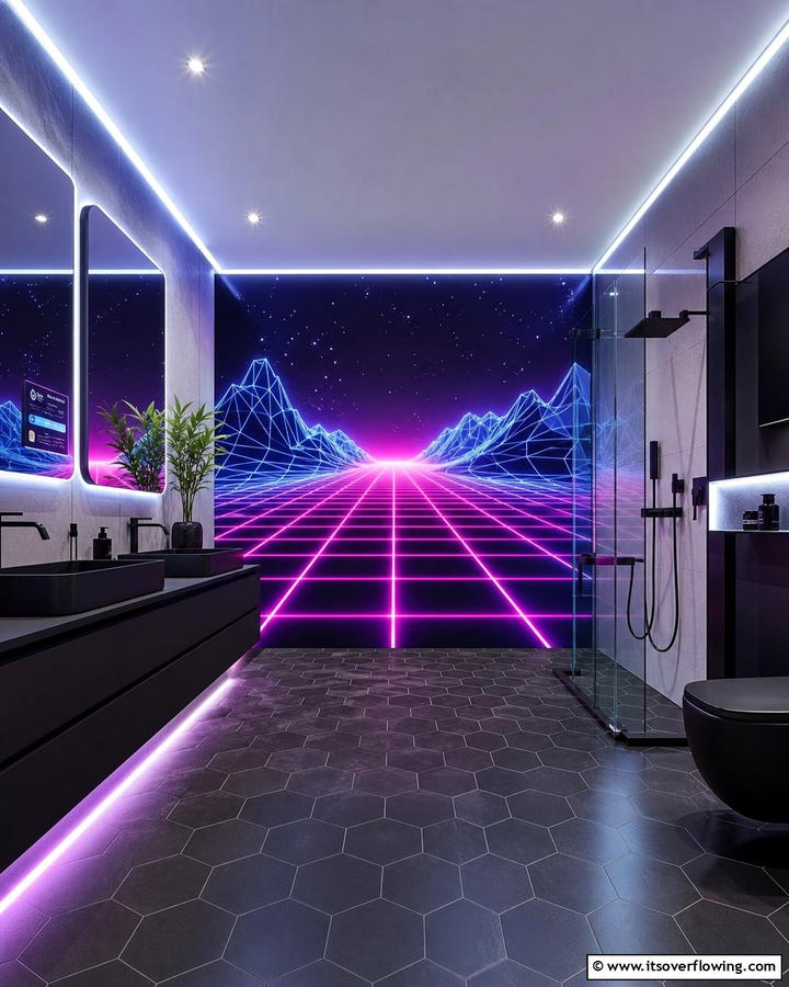 Futuristic Digital Landscape - 30 Bathroom Mural Ideas for Bold and Artistic Wall Designs