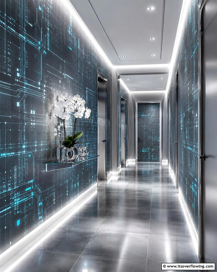 Futuristic Digital Patterns for a Tech Forward Hallway - 30 Hallway Wallpaper Ideas for a Striking Entryway