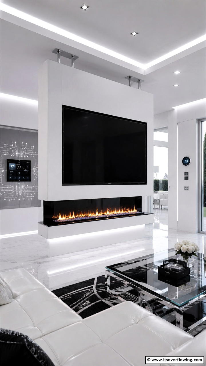 Futuristic Electric Fireplace with Suspended TV - 30 Electric Fireplace Ideas With TV Above for Cozy Spaces