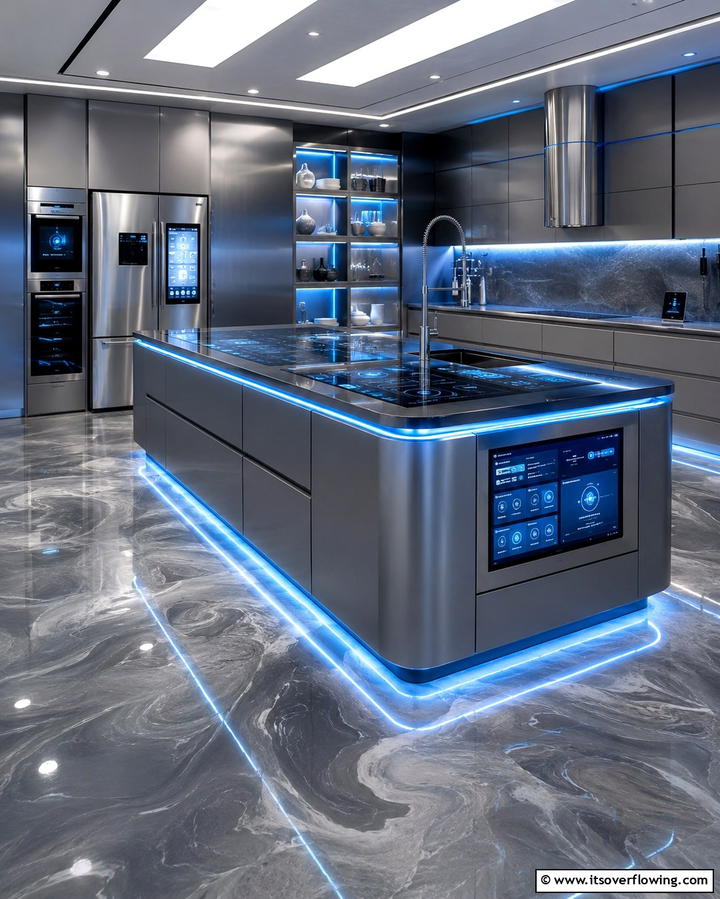 Futuristic Grey Kitchen with Smart Features - 30 Kitchens with Grey Floors- Sleek & Modern Flooring Ideas