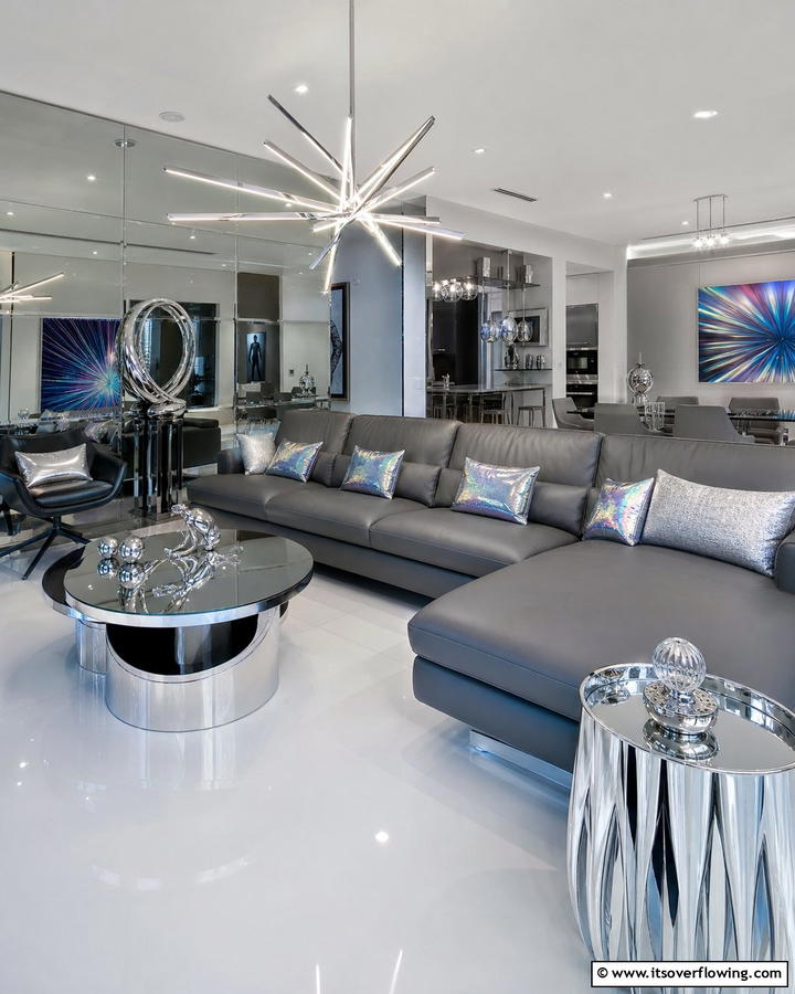 Futuristic Metallic Touch - 21 Dark Grey Couch Living Room Styling Ideas
