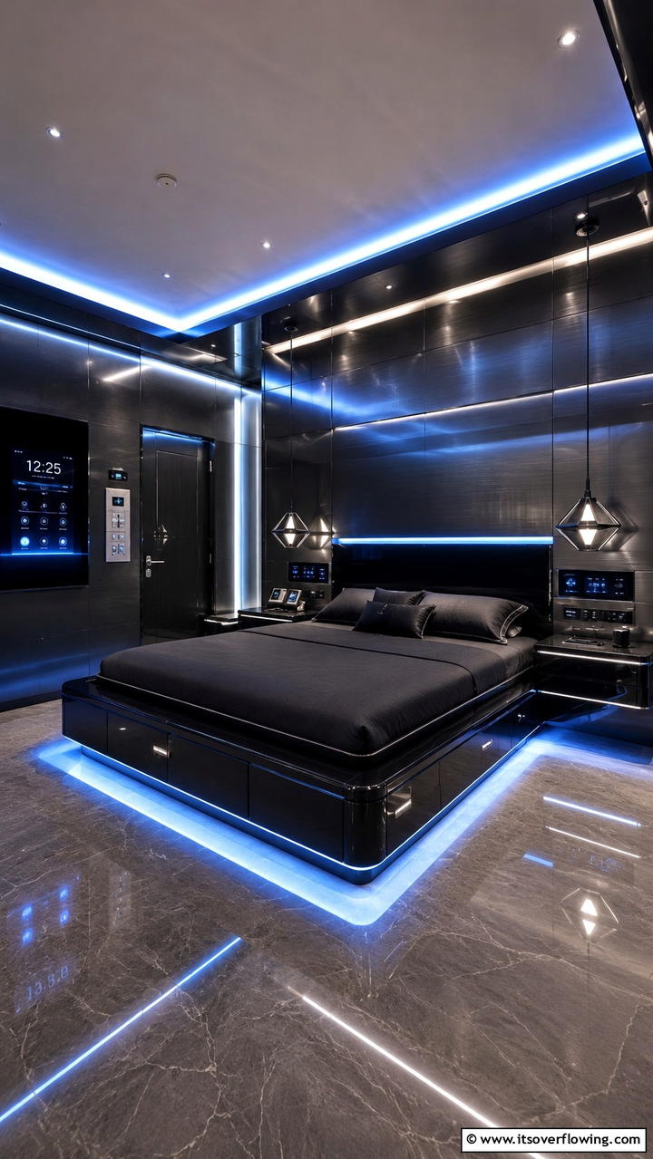Futuristic Noir - 30 Dark Bedroom Ideas- Moody and Sophisticated Retreat
